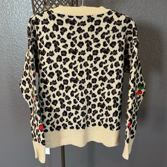New! Leopard & Embroidered Cherry Crewneck One-Size Sweater Measurements Below - Picture 14 of 16